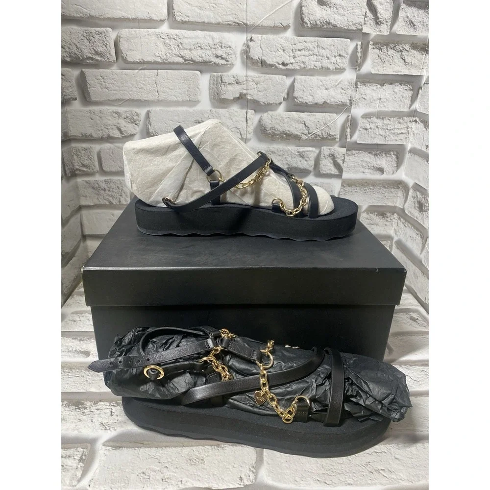 Maje Women's Frankie Chain And Charm Embellished Leather Sandals in Black SZ 9.5